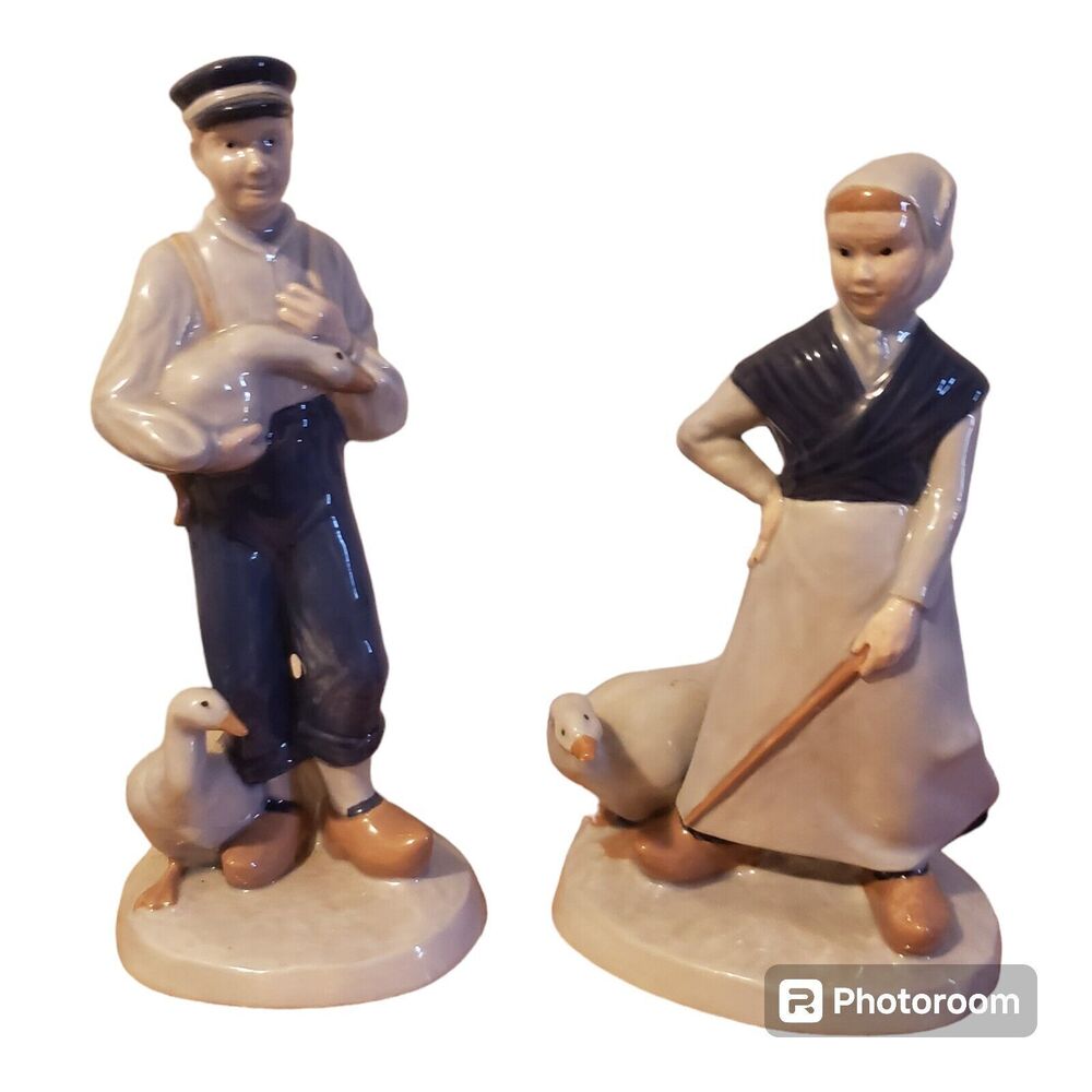 Vintage 70s Porcelain Farmer man Maiden woman Goose pair Swan Figurines 8-9"
